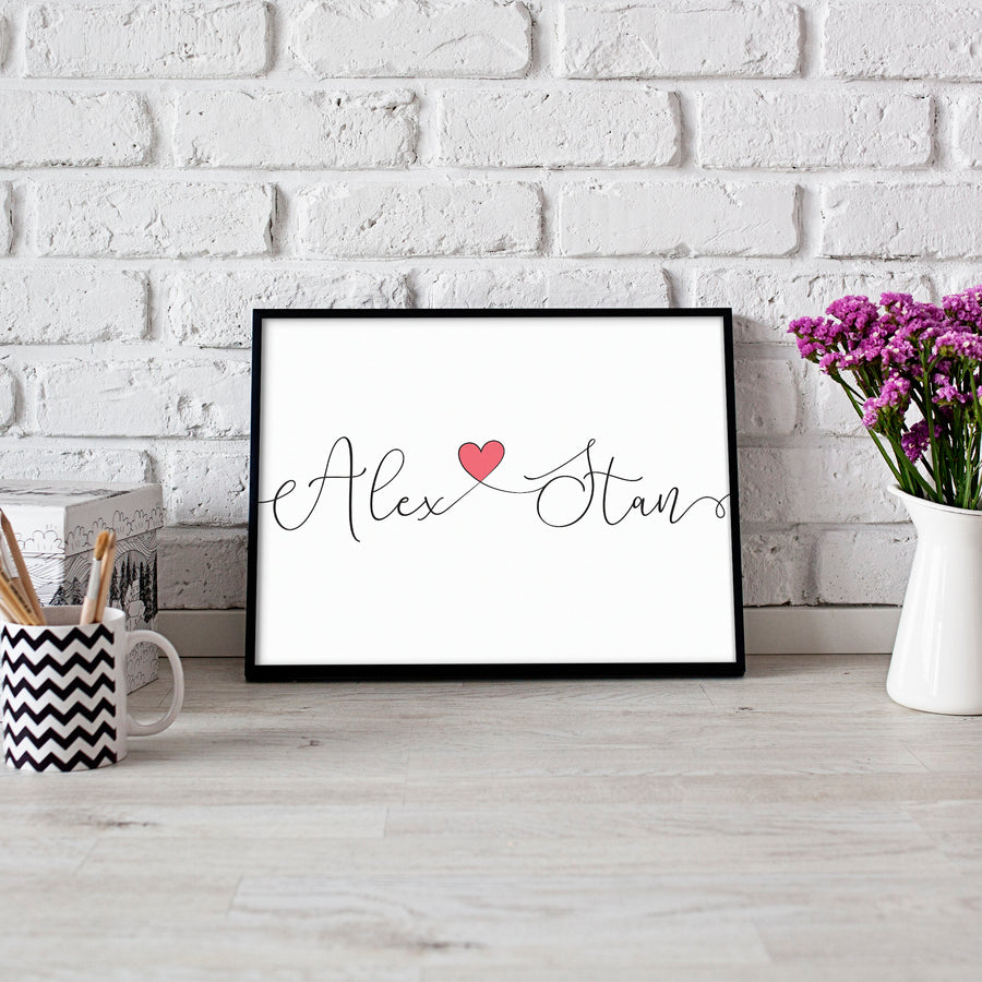 Couples name print personalised script writing wall art