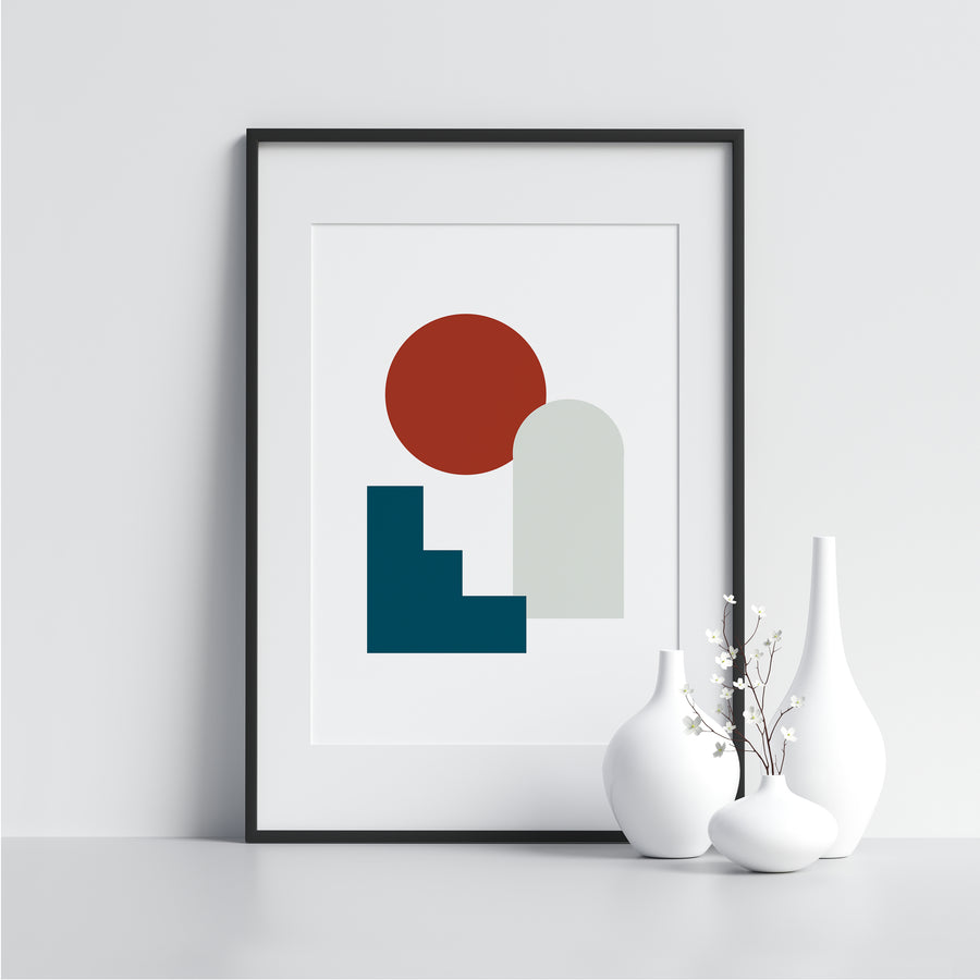 White and Blue Shapes With Red Circle - Printers Mews