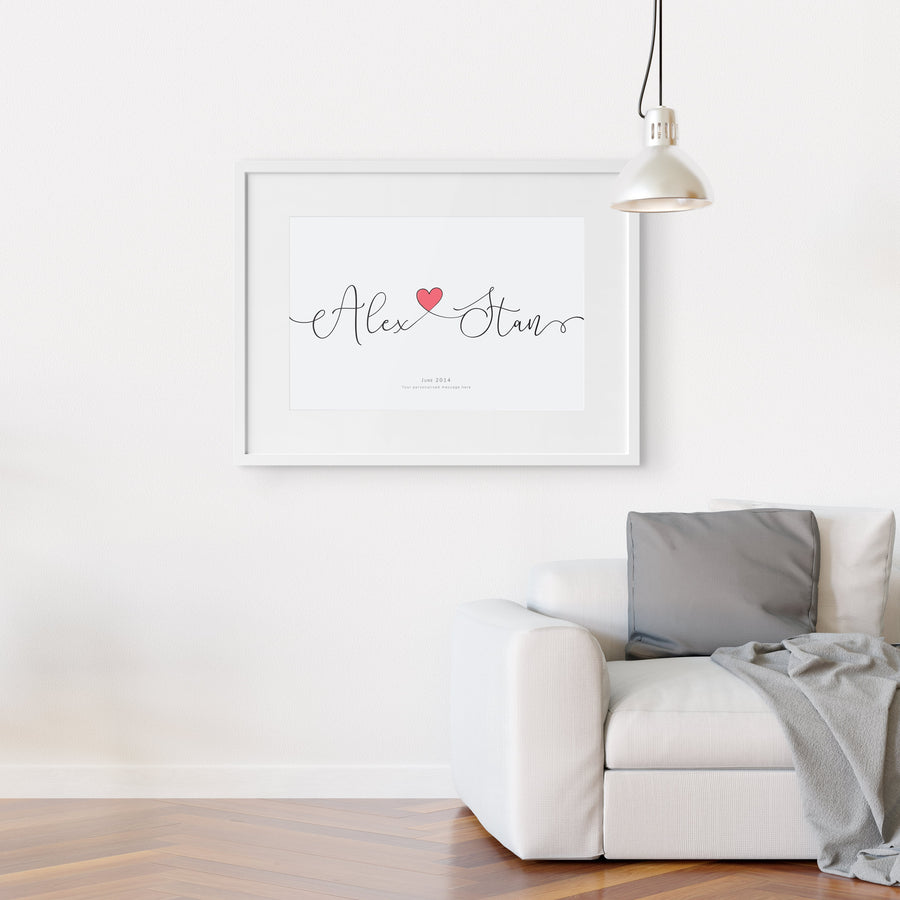 Personalised Engagement Gift Couples Love Heart Name Print 